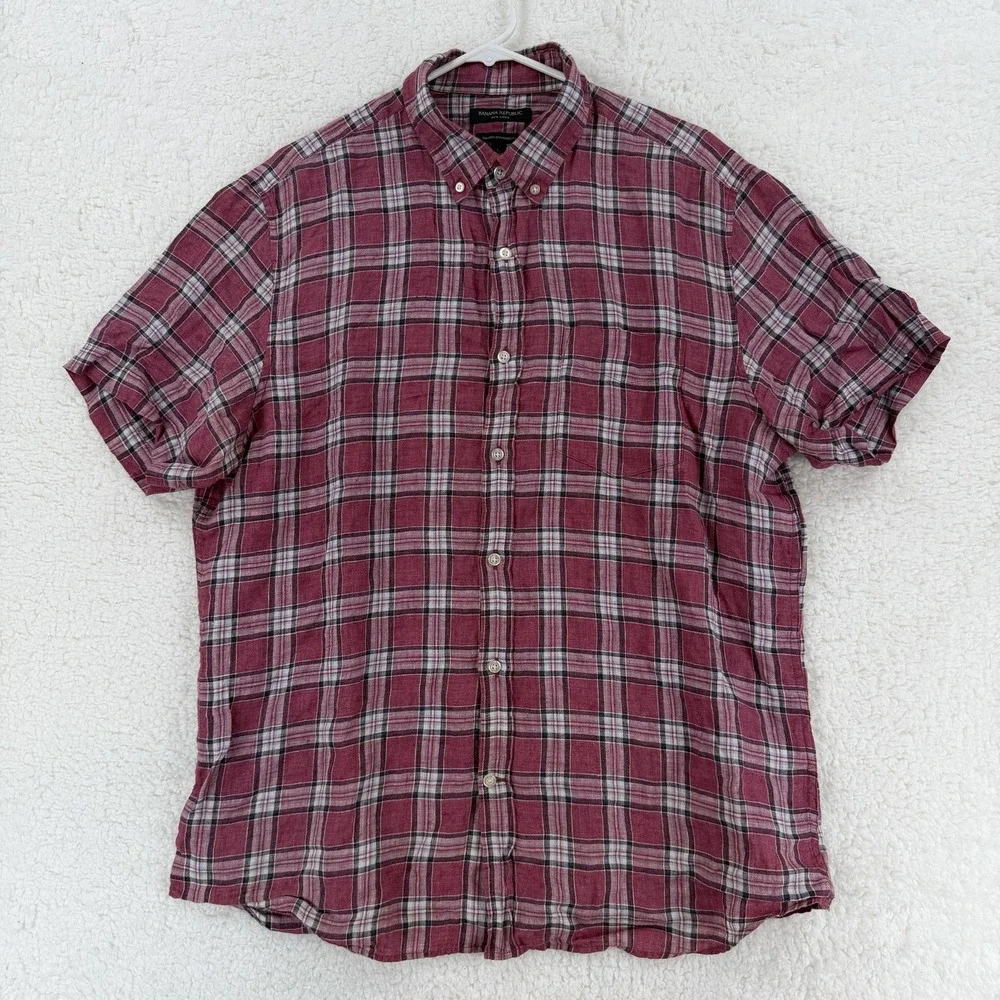 Banana Republic Shirt Mens Large Red Plaid 100% Linen Camden Standard Fit